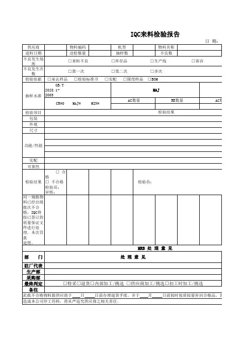 IQC来料检验模板