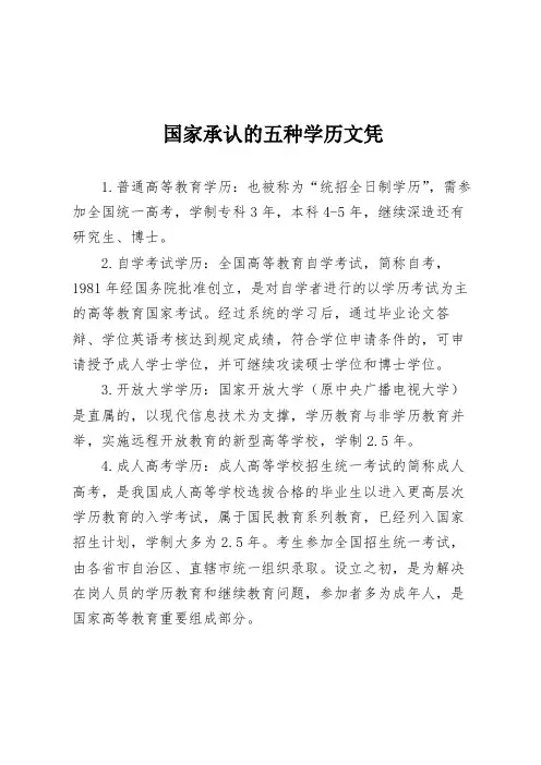 国家承认的五种学历文凭