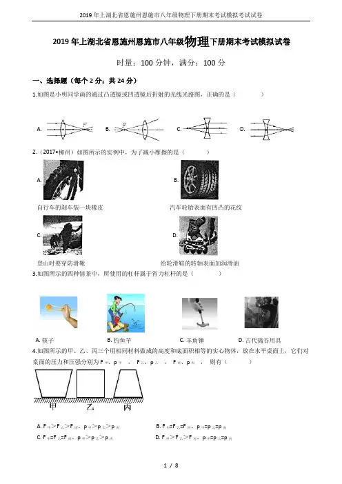 2019年上湖北省恩施州恩施市八年级物理下册期末考试模拟考试试卷