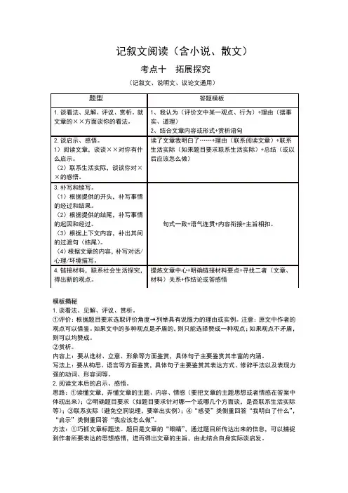 中考语文现代文阅读专题复习：拓展探究   答题模板
