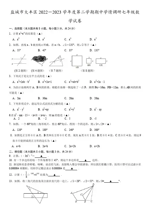 2022-2023学年江苏省盐城市大丰区七年级第二学期期中数学试卷