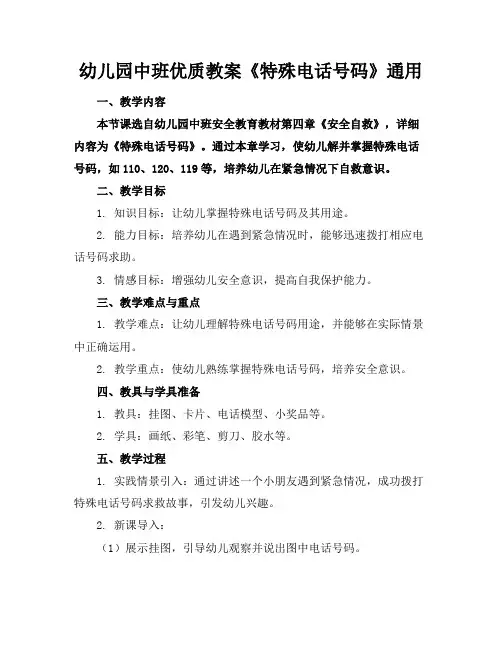 幼儿园中班优质教案《特殊的电话号码》通用