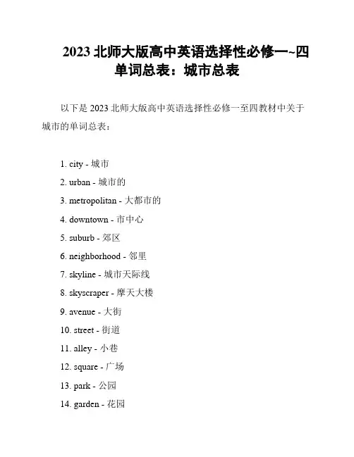 2023北师大版高中英语选择性必修一~四单词总表：城市总表