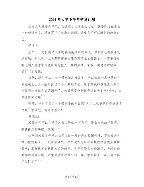 2024年大学下半年学习计划(二篇)
