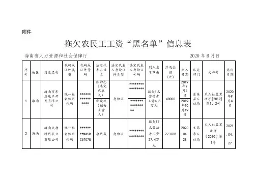 拖欠农民工工资黑名单信息表【模板】