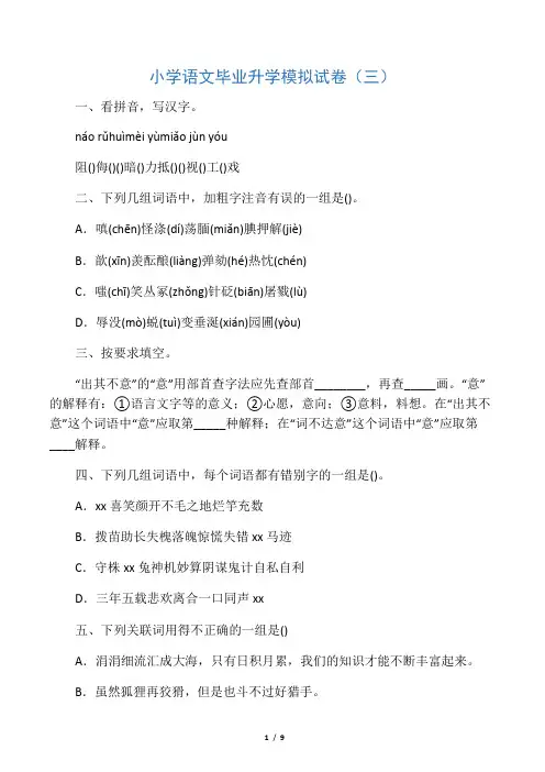 2020年人教版小升初语文毕业升学模