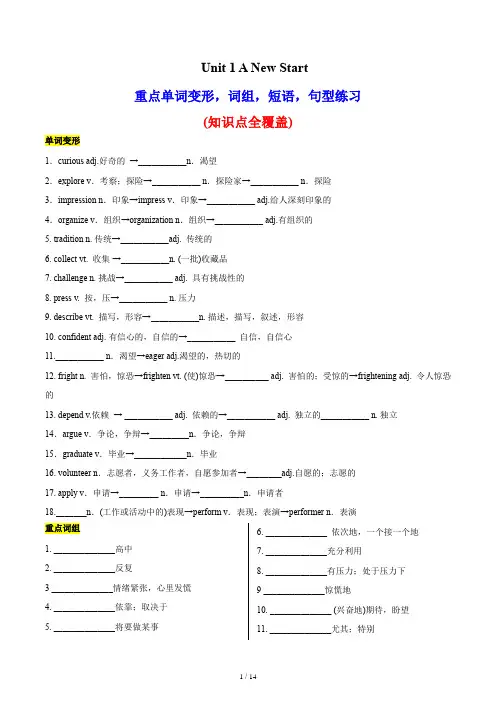 外研版高一英语上册Unit 1 重点单词变形 词组 短语 句型练习