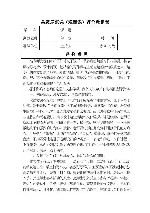 县级示范课(观摩课)评价意见表(打印)