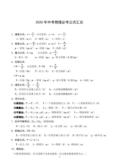 2020年中考物理必考公式汇总