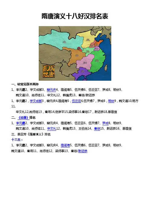 隋唐英雄十八好汉排名表