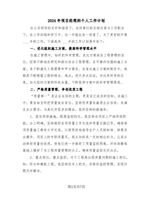 2024年项目经理的个人工作计划(三篇)