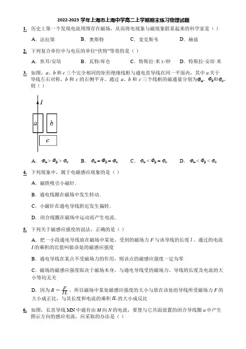 2022-2023学年上海市上海中学高二上学期期末练习物理试题