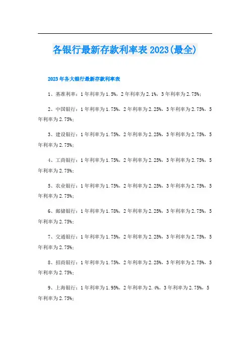 各银行最新存款利率表2023(最全)