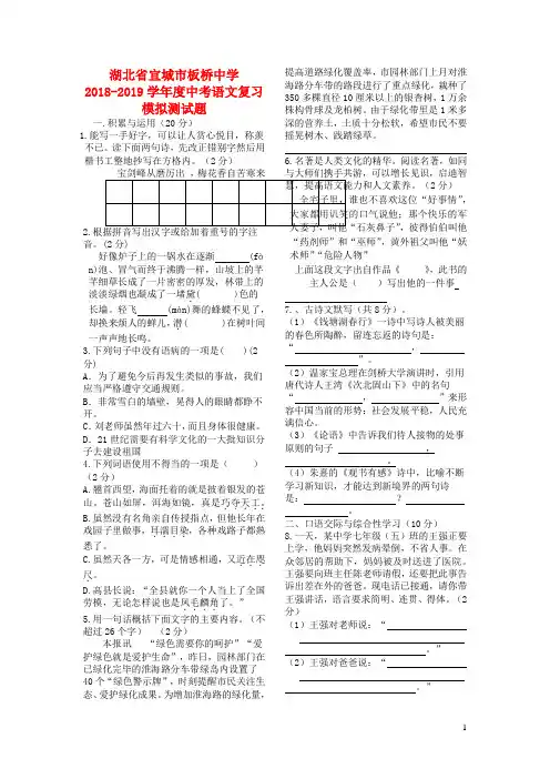 湖北省宜城市板桥中学2018_2019学年度中考语文复习模拟测试题