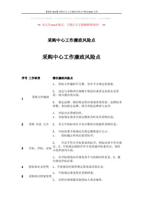 【最新2018】采购中心工作廉政风险点-精选word文档 (2页)