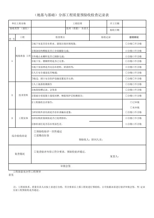 (地基与基础)分部工程质量预验收检查记录表