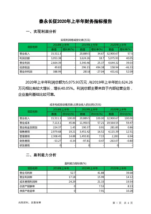 泰永长征2020年上半年财务指标报告