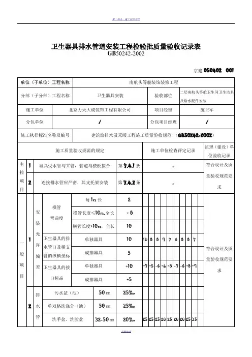 卫生器具排水管道安装工程检验批质量验收记录表