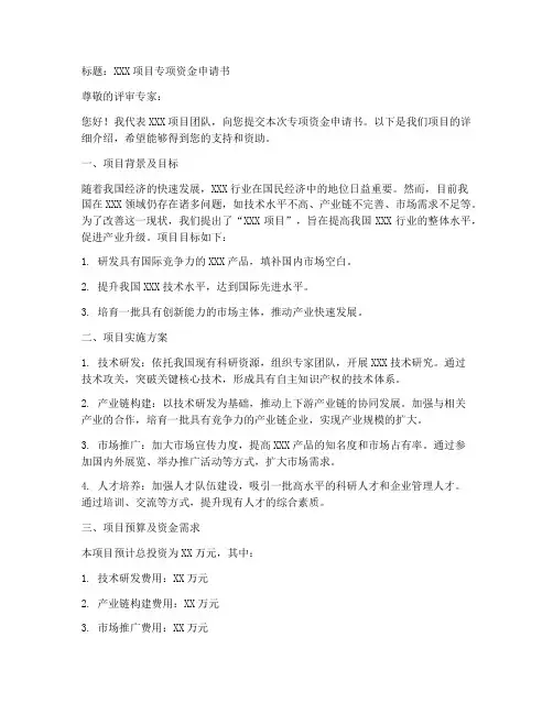 专项资金申请书模板范文