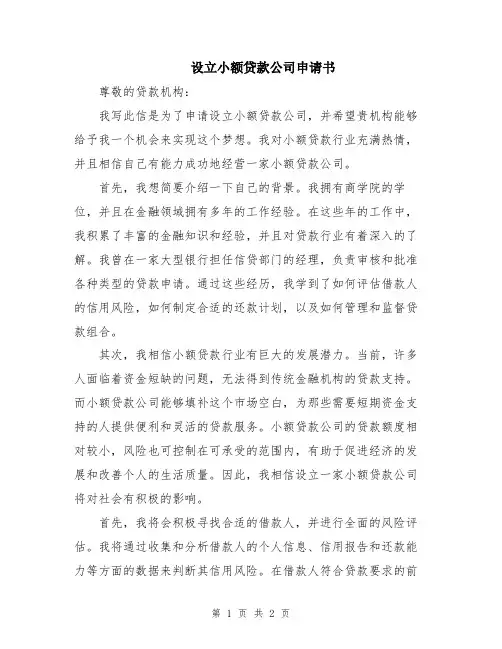 设立小额贷款公司申请书