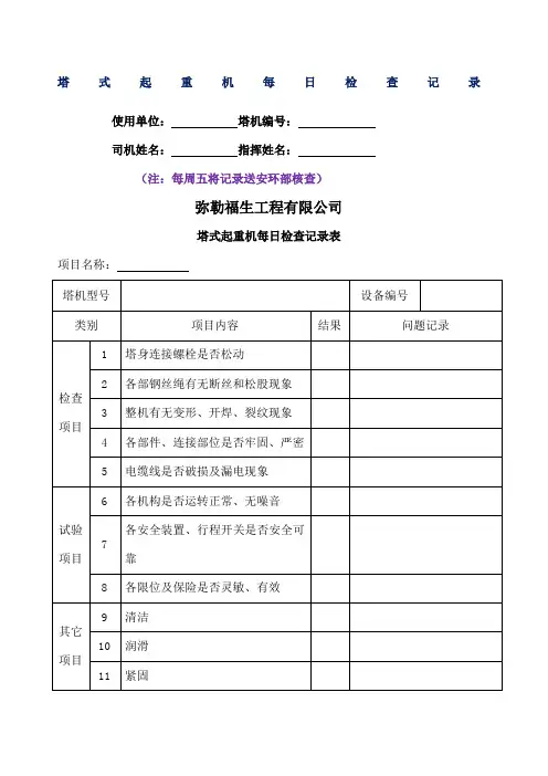 塔式起重机每日检查记录