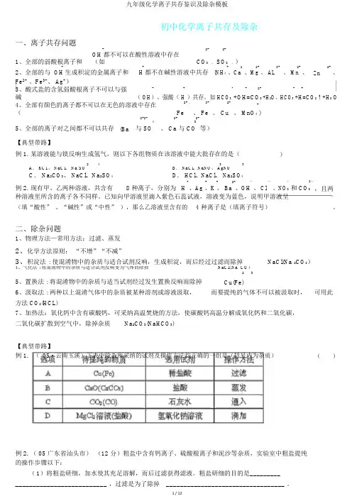 九年级化学离子共存鉴别及除杂模板