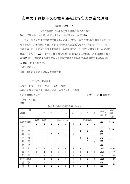 苏州市义务教育课程设置实验方案