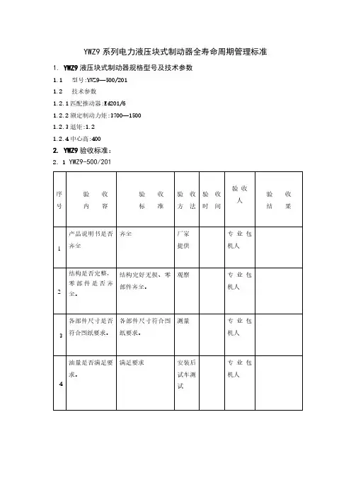 YWZ9系列电力液压块式制动器全寿命周期管理标准