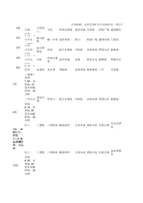沙县汽车公交线路一览表