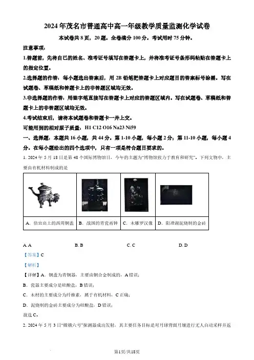 广东茂名2024年高一下学期期末7月考试化学试卷(解析版)