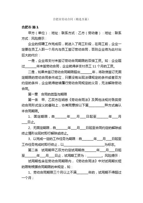 合肥市劳动合同（精选5篇）