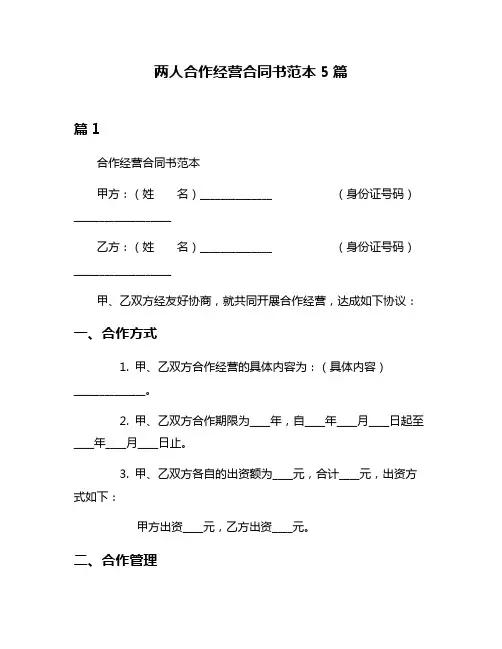 两人合作经营合同书范本5篇