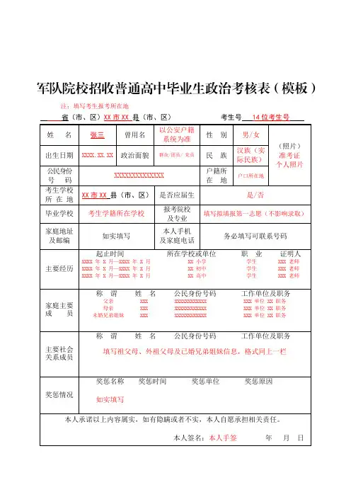 2021年度军队院校招收普通高中毕业生政治考核表(模板)