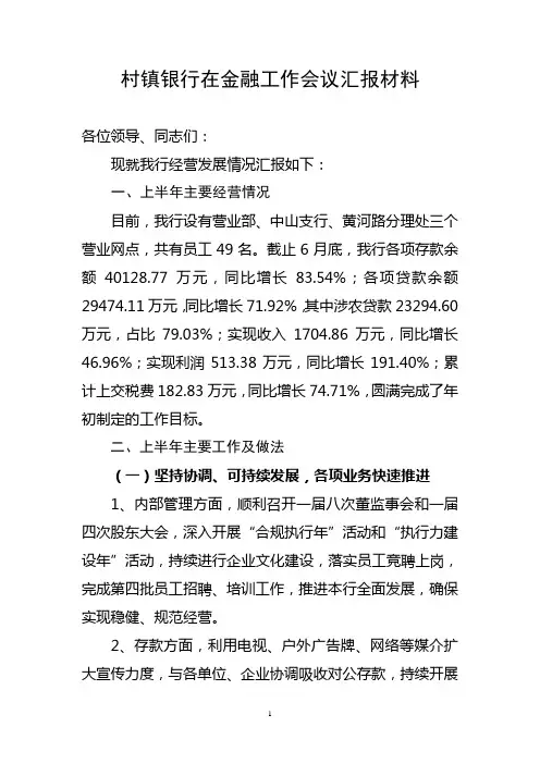 村镇银行在金融工作会议上的汇报材料