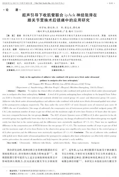 超声引导下收肌管联合ipAck神经阻滞在膝关节置换术后镇痛中的应用研究