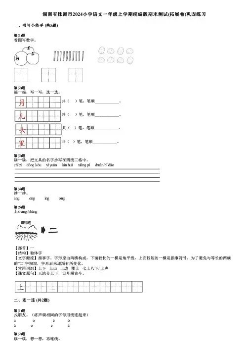 湖南省株洲市2024小学语文一年级上学期统编版期末测试(拓展卷)巩固练习