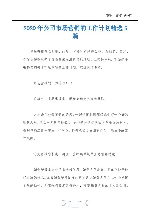 2020年公司市场营销的工作计划精选5篇