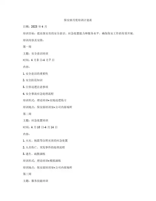 保安部月度培训计划表