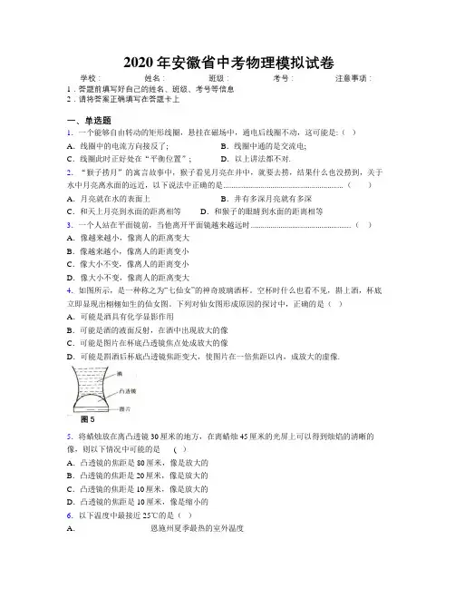 2020年安徽省中考物理模拟试卷附解析