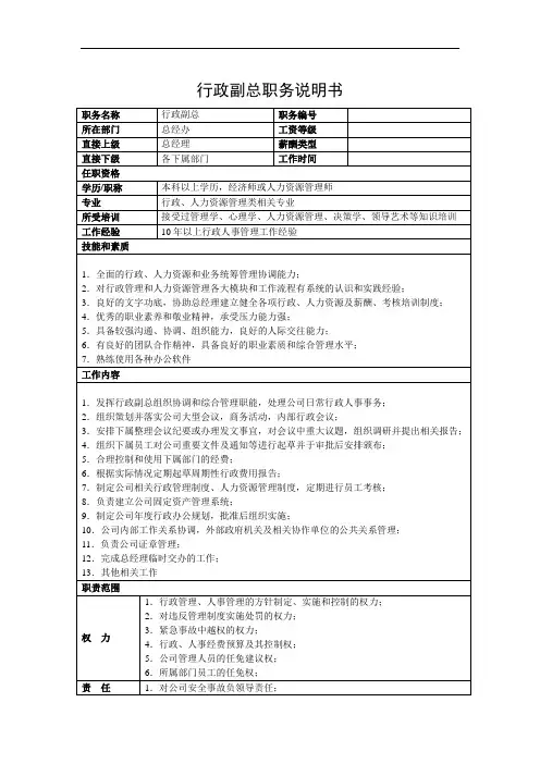 行政人事部职务说明书