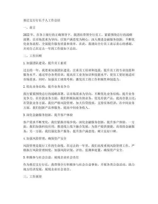 基层支行行长个人工作总结