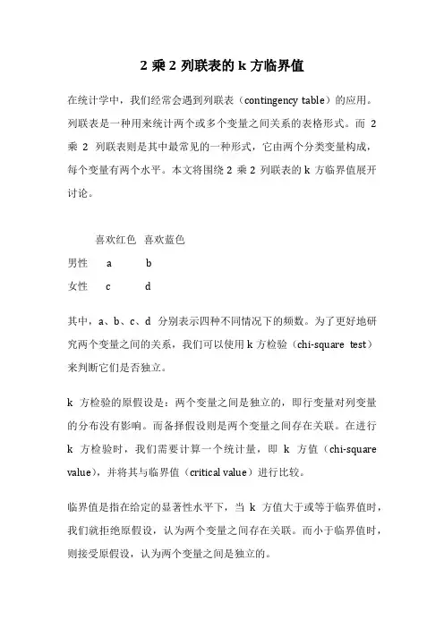 2乘2列联表的k方临界值