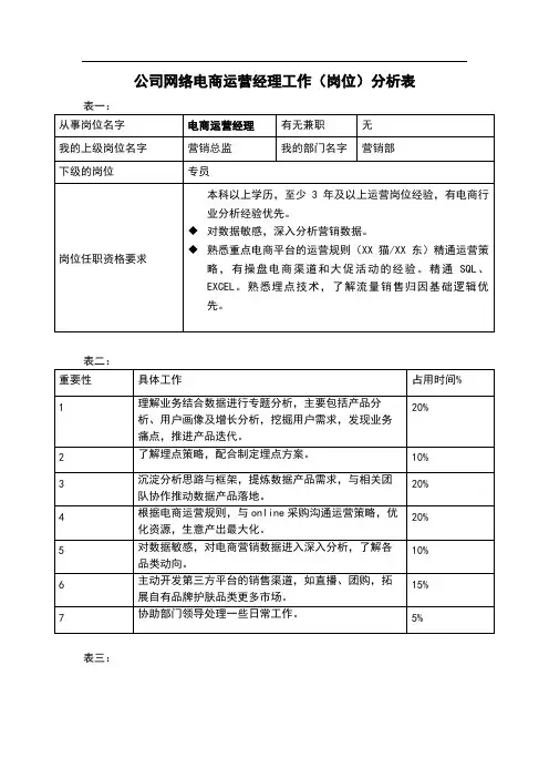公司网络电商运营经理工作(岗位)分析表