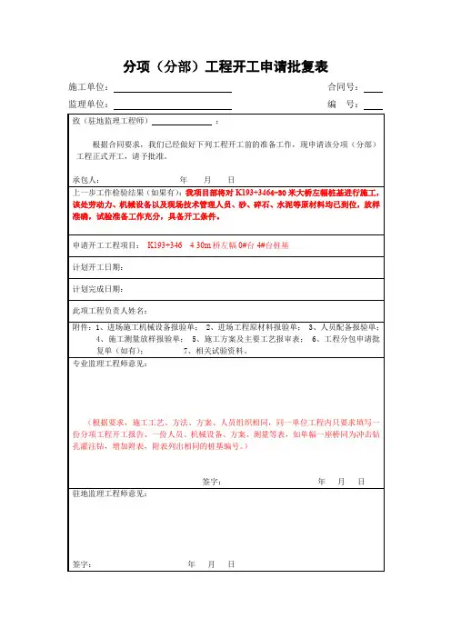 分项(分部)工程开工申请批复表