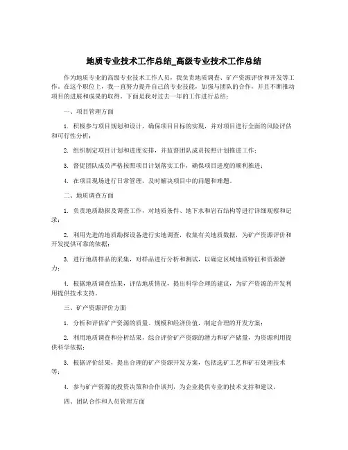 地质专业技术工作总结_高级专业技术工作总结