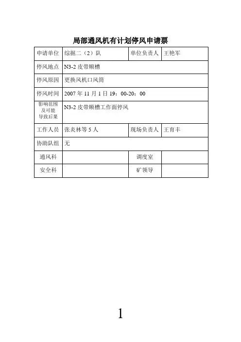 局部通风机有计划停风申请票