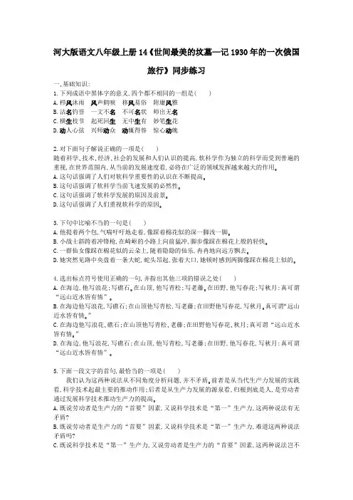 最新版河大版河大版语文八年级上册14《世间最美的坟墓—记1930年的一次俄国旅行》同步练习
