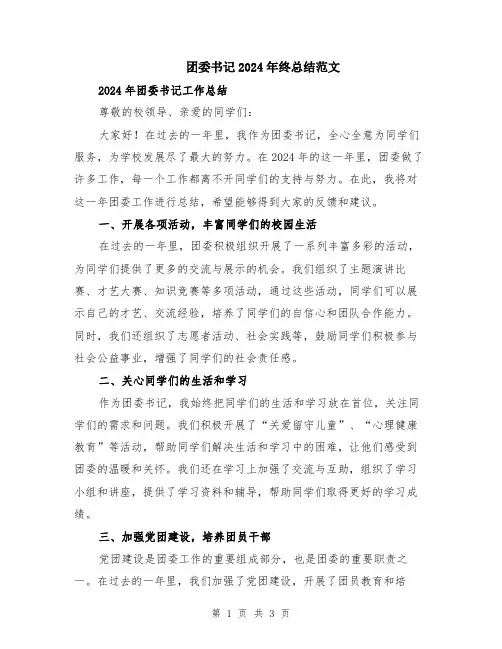 团委书记2024年终总结范文