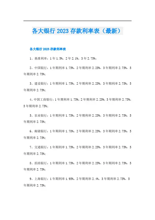 各大银行2023存款利率表(最新)