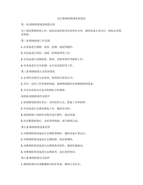 综合维修检修规章制度表